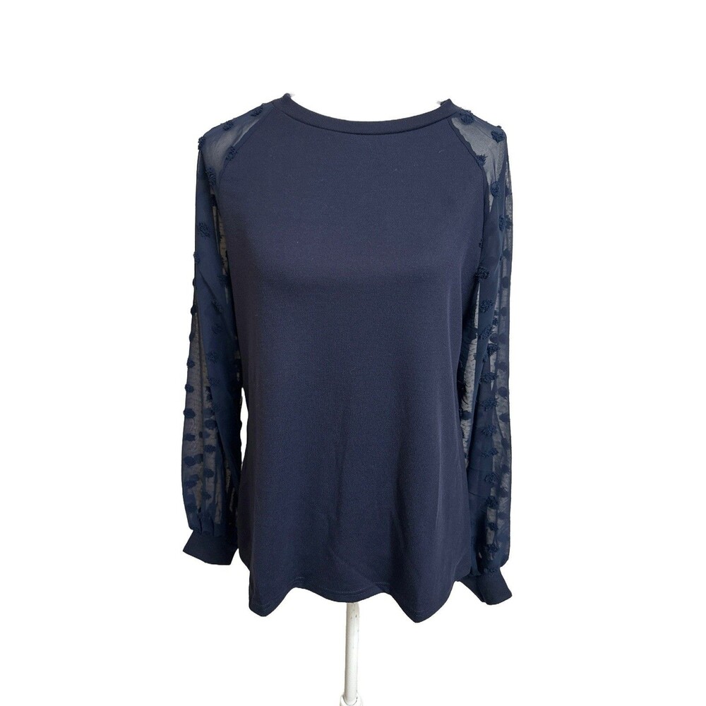 NWT Blooming Jelly Women's L Navy Knit Long Sleeve Top Chiffon Popcorn Sleeves